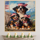 Mother Greater Swiss Mountain Dog and Three Puppies Wearing Patriotic Hats and Bows with American Flag and Mountain Backdrop on Ready to Hang 1.5" Thick Canvas Wrap, Floating Framed Canvas, Flat Rolled Canvas